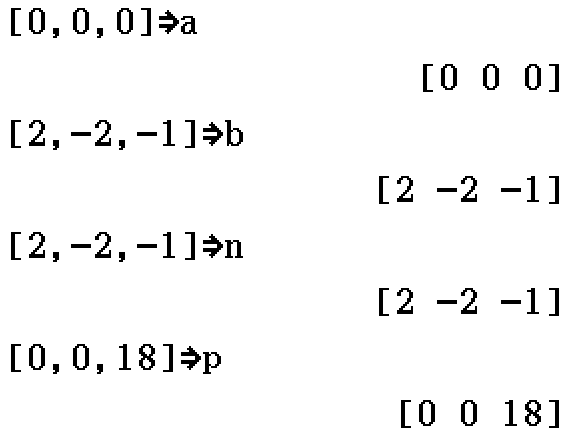 a = [0, 0, 0]; b = [2, -2, -1]; n = [2, -2, -1]; p = [0, 0, 18]
