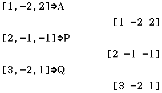 A = [1, -2, 2]; P = [2, -1, -1]; Q = [3, -2, 1]