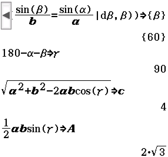 beta = 60; gamma = 90; c = 4; A = 2 sqrt(3)