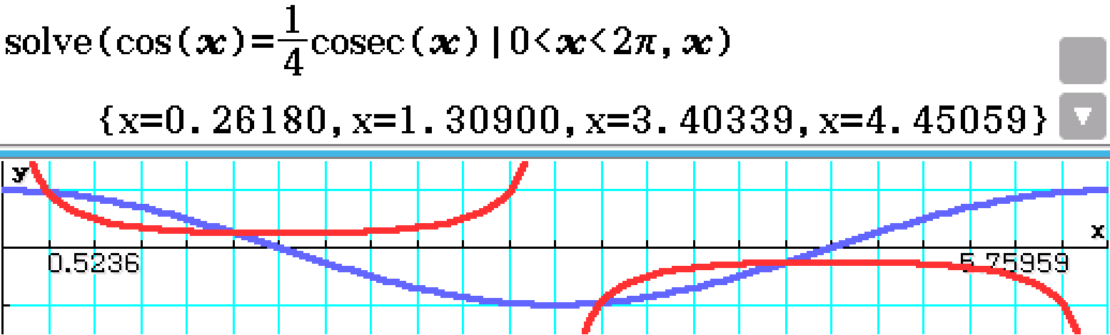 solve(cos(x)=cosec(x)/4,0<x<2pi, x)