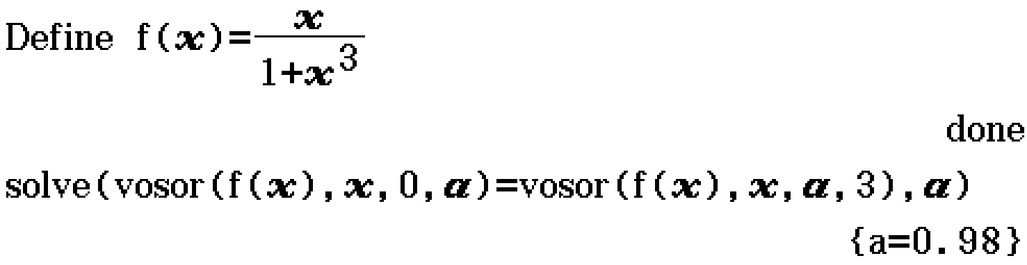 solve(vosor(f(x), x, 0, a)=vosor(f(x), x, a, 3), a)